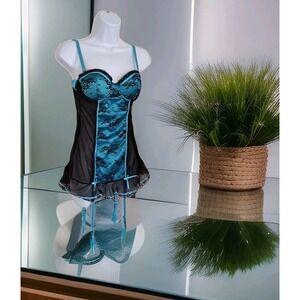 Native Intimates Corset Bustier 34B Black/Teal Mesh Lace Removable Garters NWT